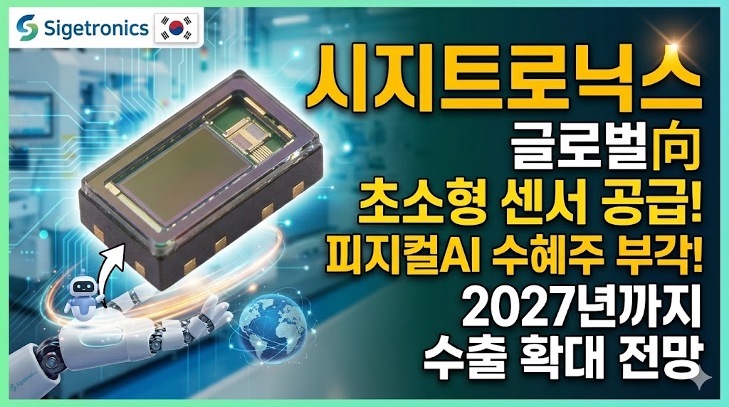 "시지트로닉스 로고와 대한민국 국기, 그리고 로봇 손 위에 올려진 초소형 반도체 센서 칩 이미지. 우측에는 '시지트로닉스 글로벌向 초소형 센서 공급! 피지컬AI 수혜주 부각! 2027년까지 수출 확대 전망'이라는 문구가 선명하게 적혀 있는 주식 분석용 썸네일 이미지"