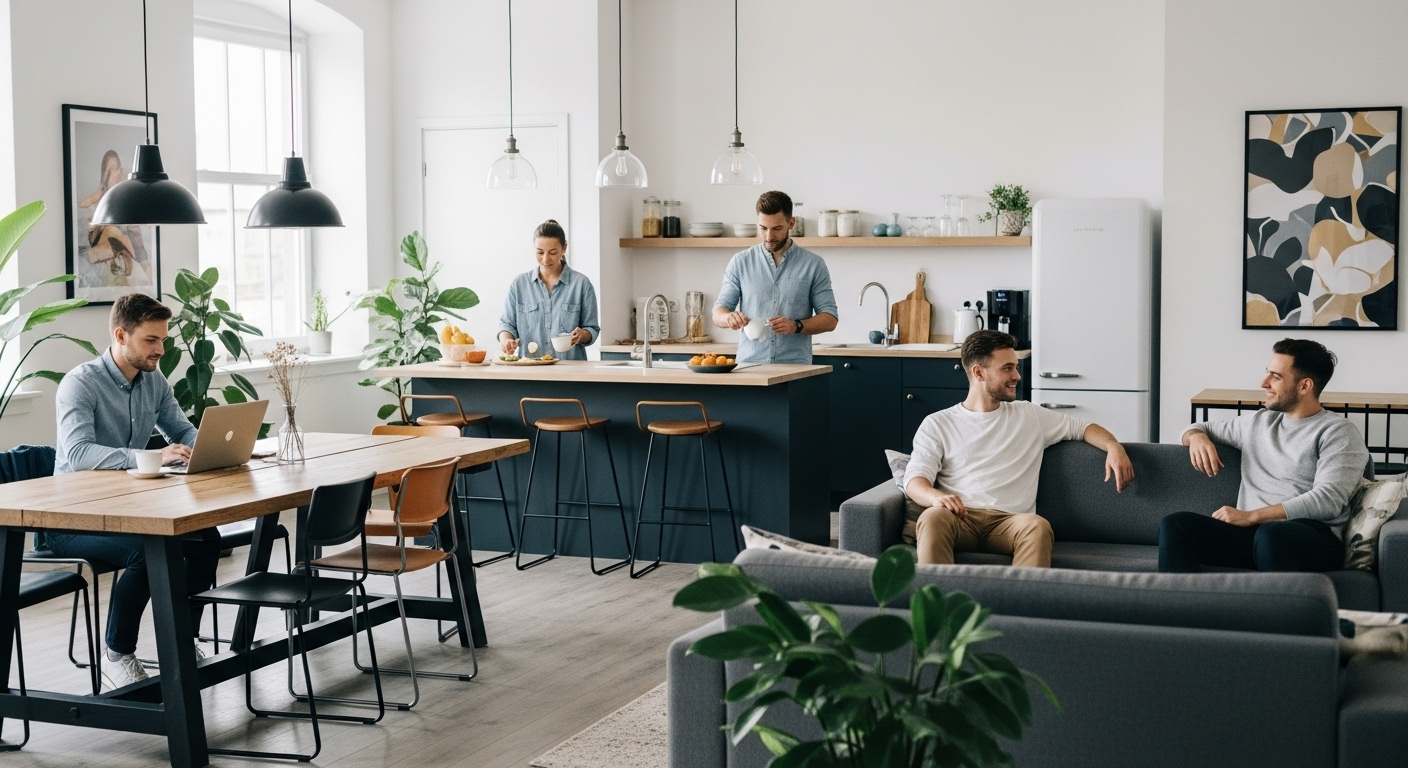 젊은이들이 함께 일하고 소통하는 밝고 현대적인 코리빙 공용 공간. 1인 가구 시대의 새로운 주거 트렌드를 보여준다.