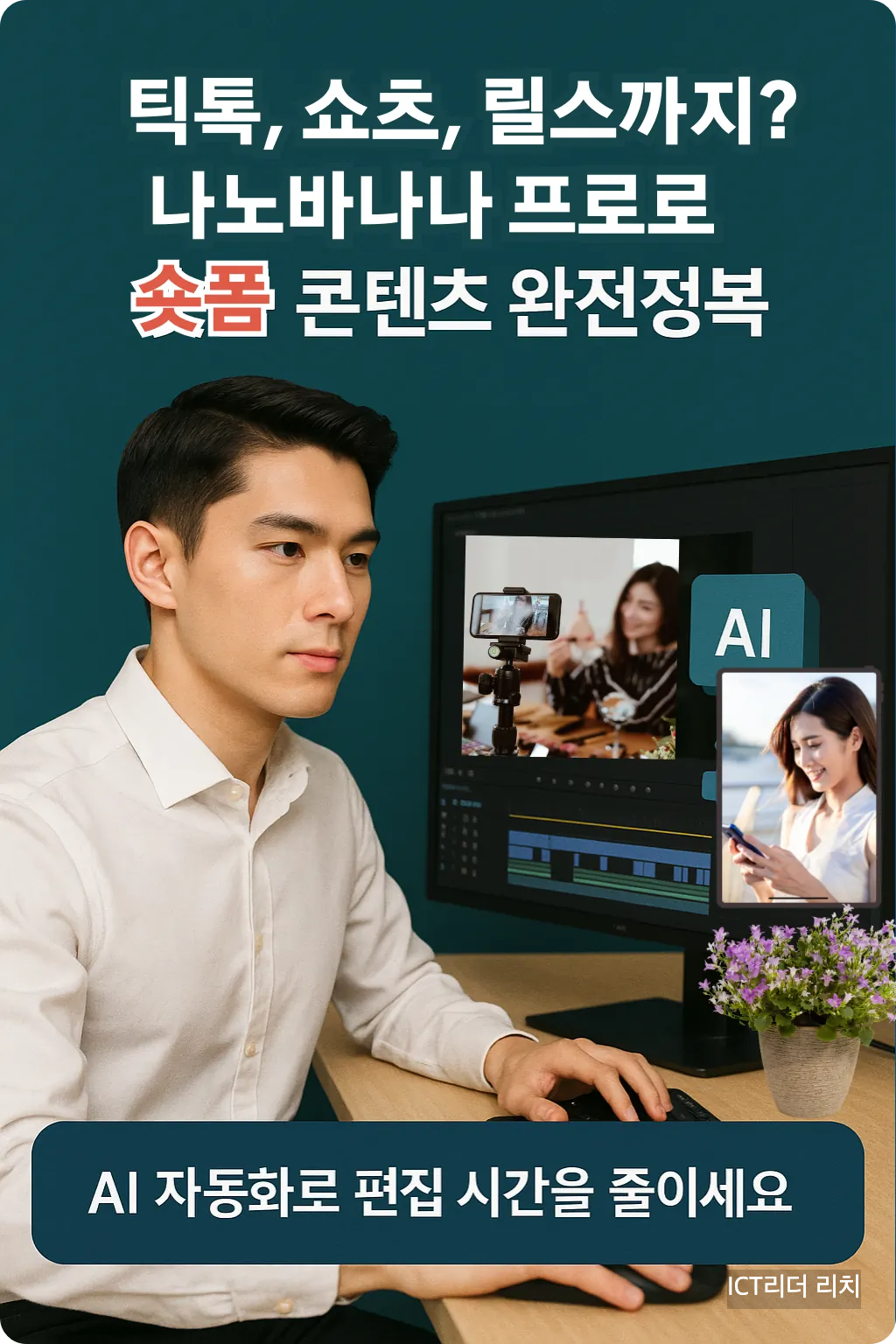 밝은 20대 남성이 숏폼 영상 편집 소프트웨어를 조작하는 장면과 AI 아이콘이 결합된 프리미엄 인포그래픽 이미지
