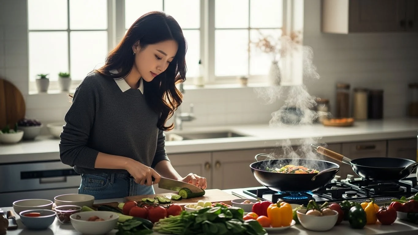 주방에서 샐러드, 과일 등의 음식을 만드는 이미지