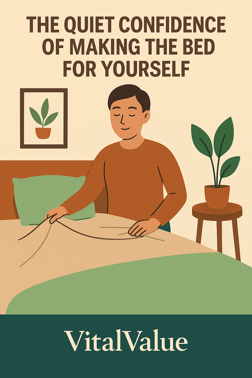 VITALVALUE poster showing a calm person making the bed in a cozy room, symbolizing quiet confidence and self-respect through small morning rituals.