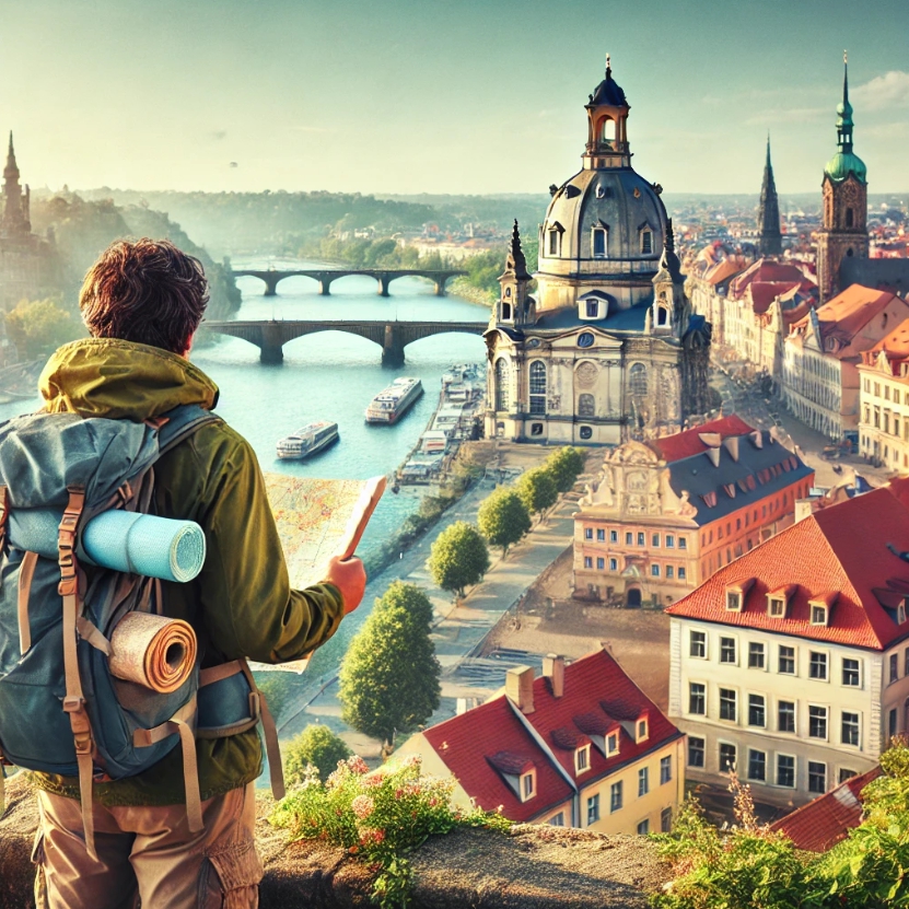 배낭을 멘 혼자 여행하는 여행자가 역사적인 건축물과 아름다운 강이 내려다보이는 유럽의 아름다운 도시 풍경 근처에 서 있습니다