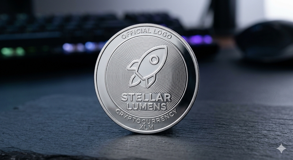 스텔라루멘(XLM) 암호화폐 로고가 새겨진 은색 실물 주화와 글로벌 결제 및 송금 블록체인 이미지