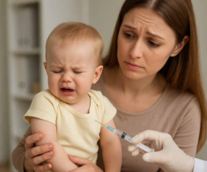 아기 예방접종 장면을 담은 실사 이미지. 아기는 주사를 앞두고 눈을 감고 울음을 터뜨리며, 엄마는 걱정스러운 표정으로 아기를 안고 있고 의료진이 주사기를 들고 준비 중인 모습.