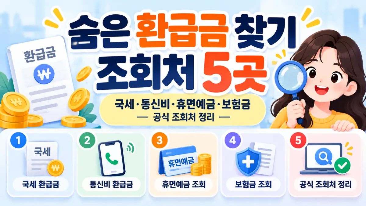 국세&middot;통신비&middot;휴면예금&middot;보험금 등 숨은 환급금을 조회하는 공식 기관 다섯 곳을 정리한 안내 이미지