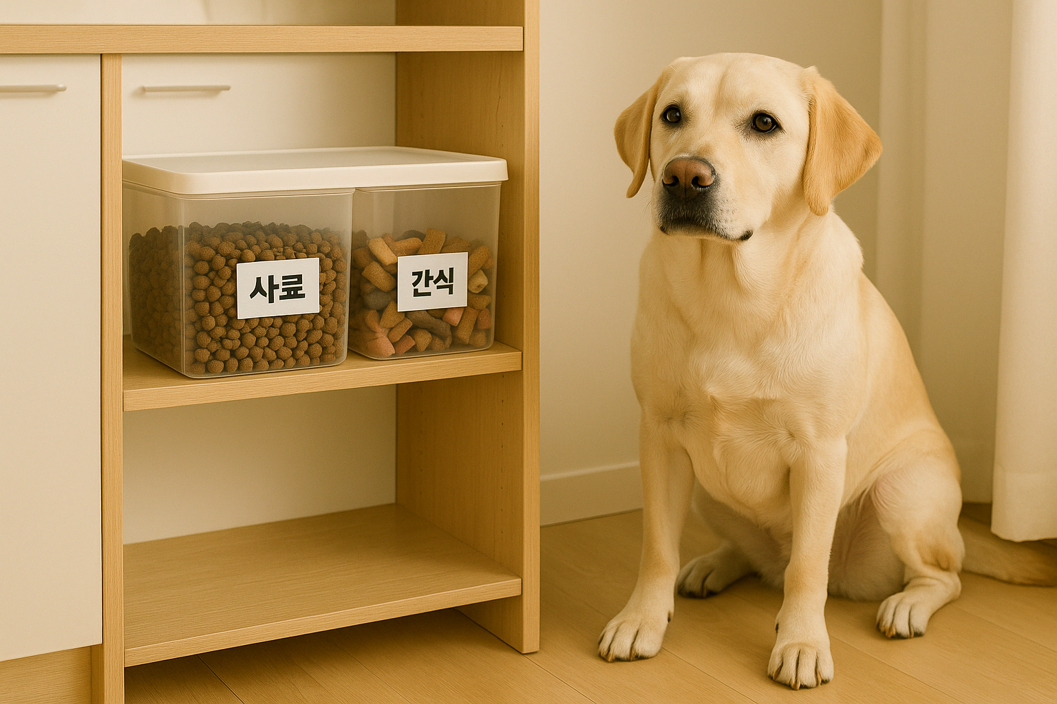 투명 밀폐 용기에 사료와 간식이 담겨 정리된 모습