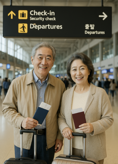 공항에서 입국 준비중 60대 부부