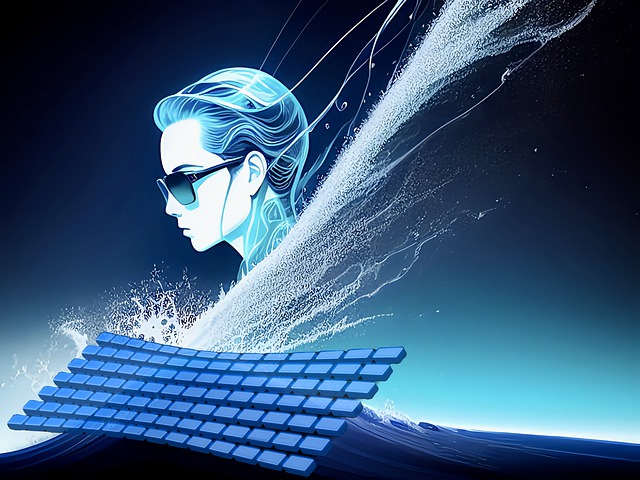 With a keyboard and waves connecting to a person's hair.