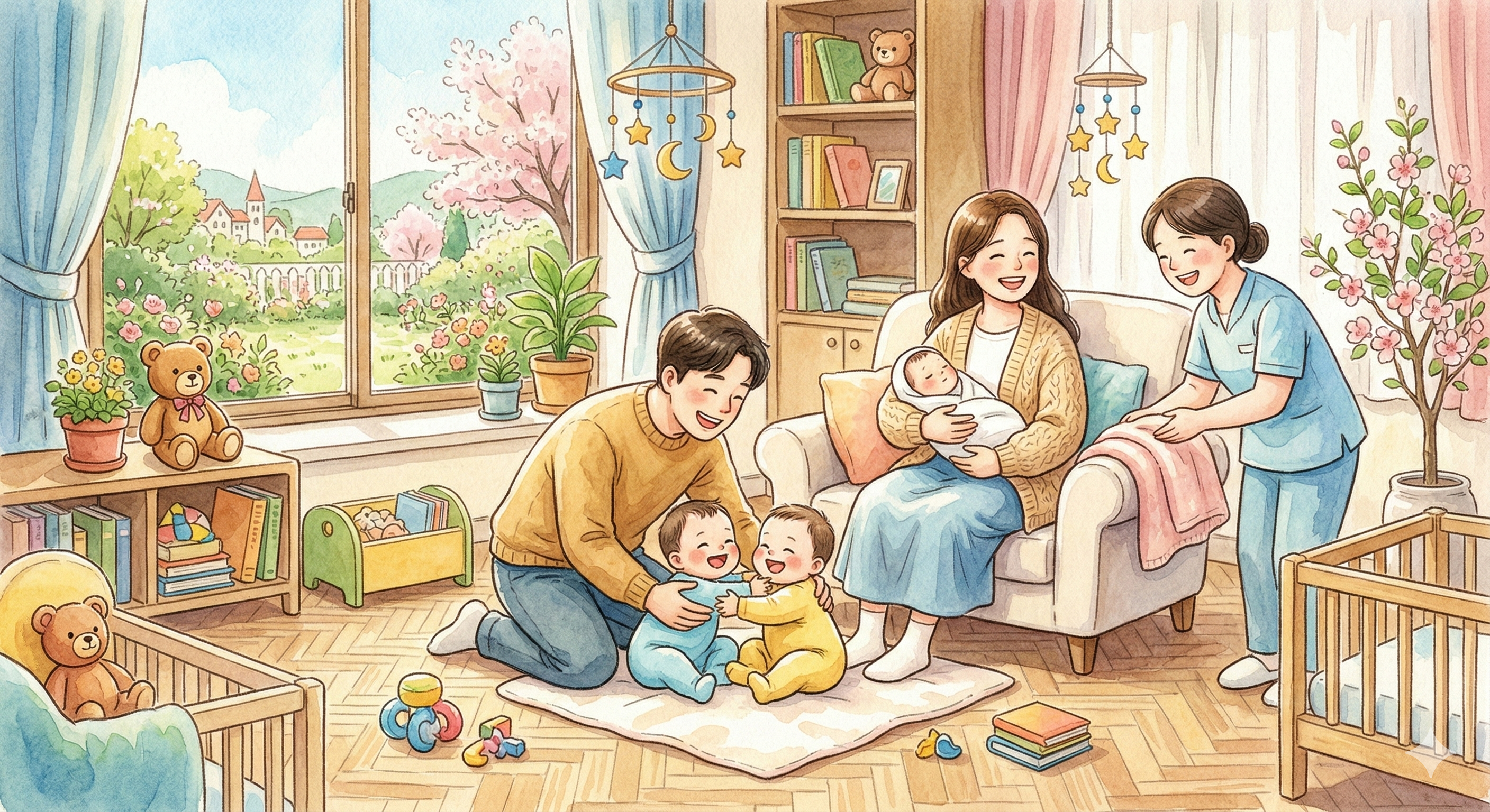 2026년 출산지원금 및 부모급여와 산후조리원 혜택을 받는 행복한 가족의 수채화 삽화