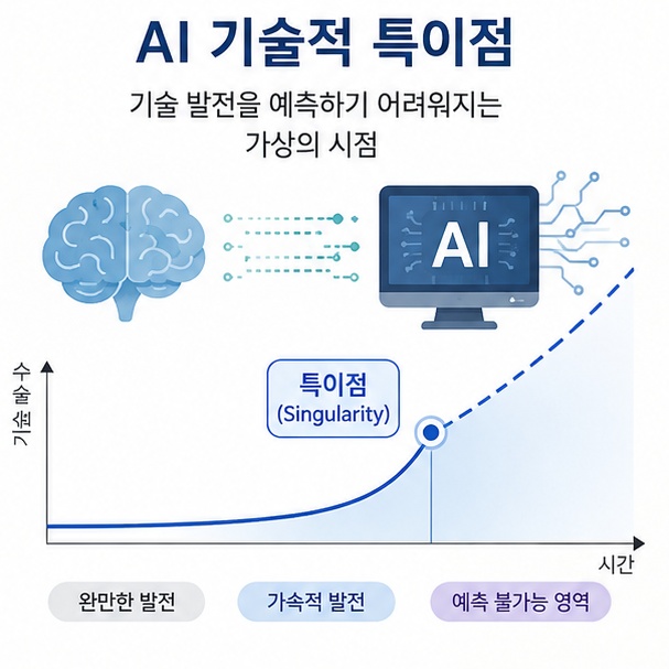 인공지능과 급격한 기술 발전을 통해 인간이 이후 변화를 예측하기 어려워지는 기술적 특이점 개념을 설명한 이미지
