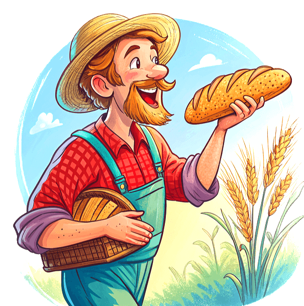 갈색 밀짚모자를 쓴 남자 농부가 맬빵 청바지를 입고 한손에 큰 빵을 들고 웃고있다.