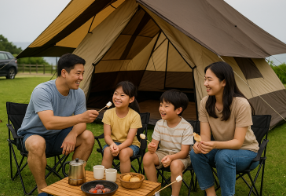 캠핑장에서 마시멜로를 먹고 있는 가족