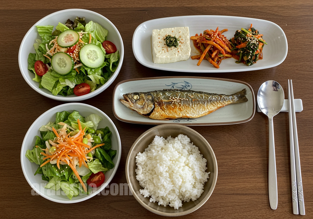 채소부터 밥까지 순서대로 놓인 건강한 식단 이미지