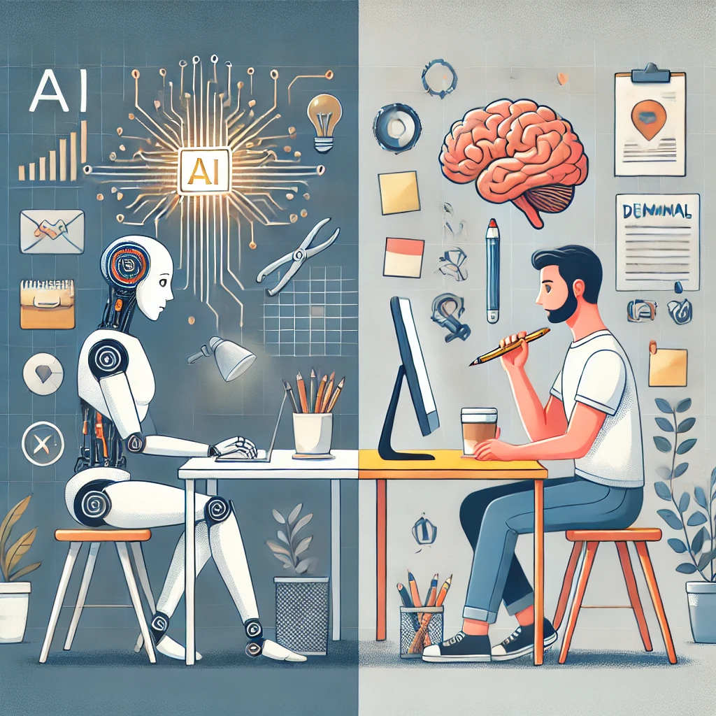 &quot;한쪽에는 회로로 된 뇌를 가진 AI 로봇이 책상에 앉아 일하고 있고, 맞은편에는 창의적인 도구들(연필, 포스트잇, 커피잔 등)을 들고 있는 인간이 앉아 있다. 배경은 절반이 디지털, 절반은 자연스러운 유기적 공간으로 나뉘며, 인간과 AI의 대비를 시각적으로 표현한 모던한 일러스트&quot;