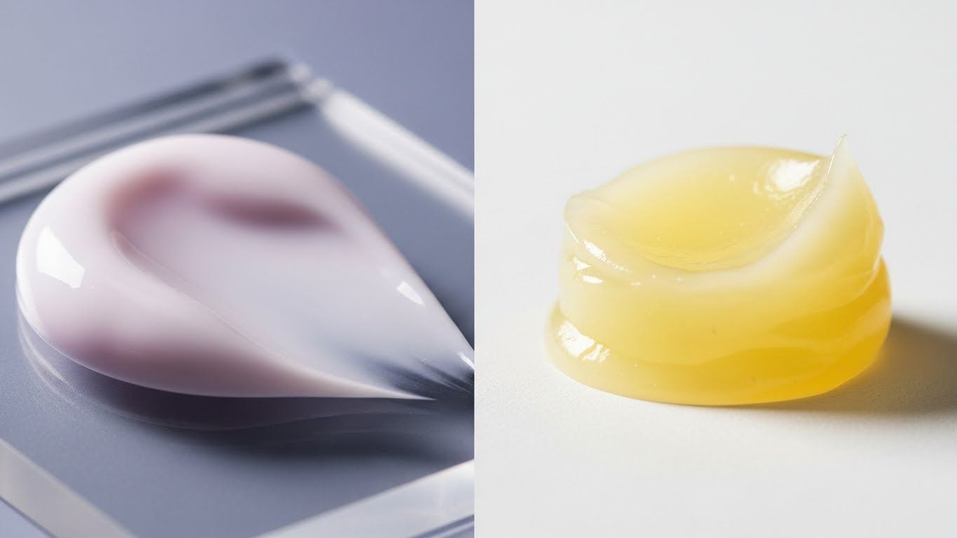 두 가지 뚜렷한 안티에이징 제품 텍스처를 나란히 비교한 결과입니다.