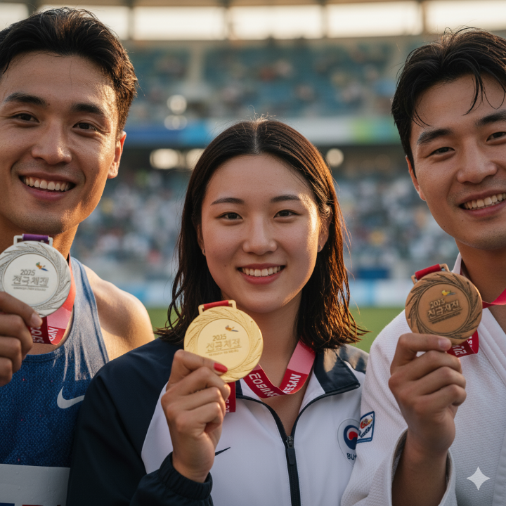 전국체전 메달리스트들이 함께 웃고 있는 모습