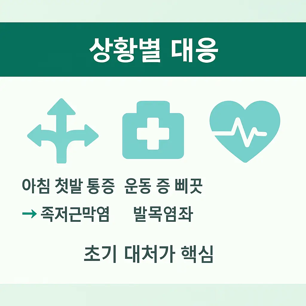 아침 첫발 통증과 운동 중 삐끗 증상을 구분하여 족저근막염과 발목염좌를 판단하고 조기 대처가 중요하다는 점을 강조한 안내 이미지