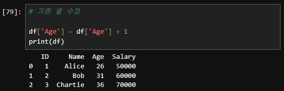 기존 열 수정:
df['Age'] = df['Age'] + 1
print(df)