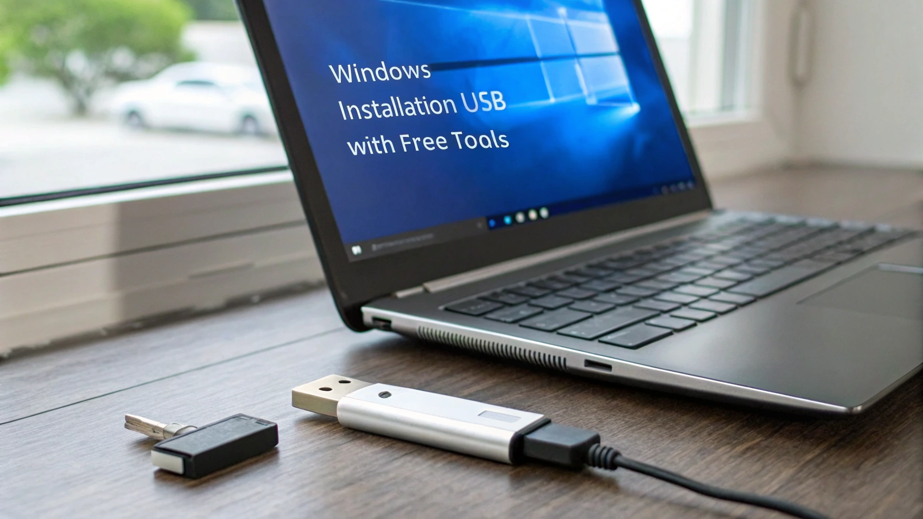 노트북이 창가 책상 위에 놓여 있으며, 화면에는 "Windows Installation USB with Free Tools"라는 문구가 표시되어 있다. 노트북 옆에는 USB 메모리와 연결된 설치용 USB 장치가 놓여 있어 윈도우 설치 준비 중인 상황을 보여준다.
