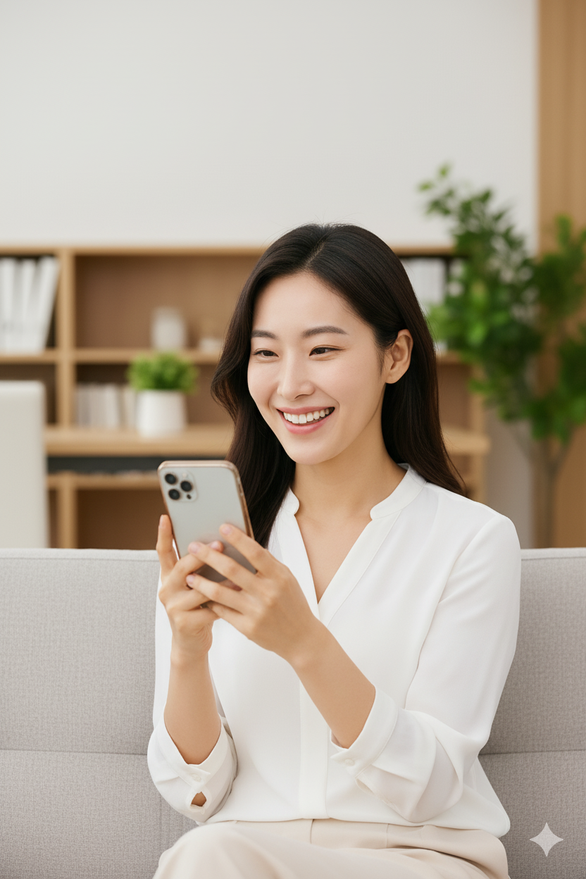 The건강보험 앱으로 병원비 환급금을 확인하고 기뻐하는 모습