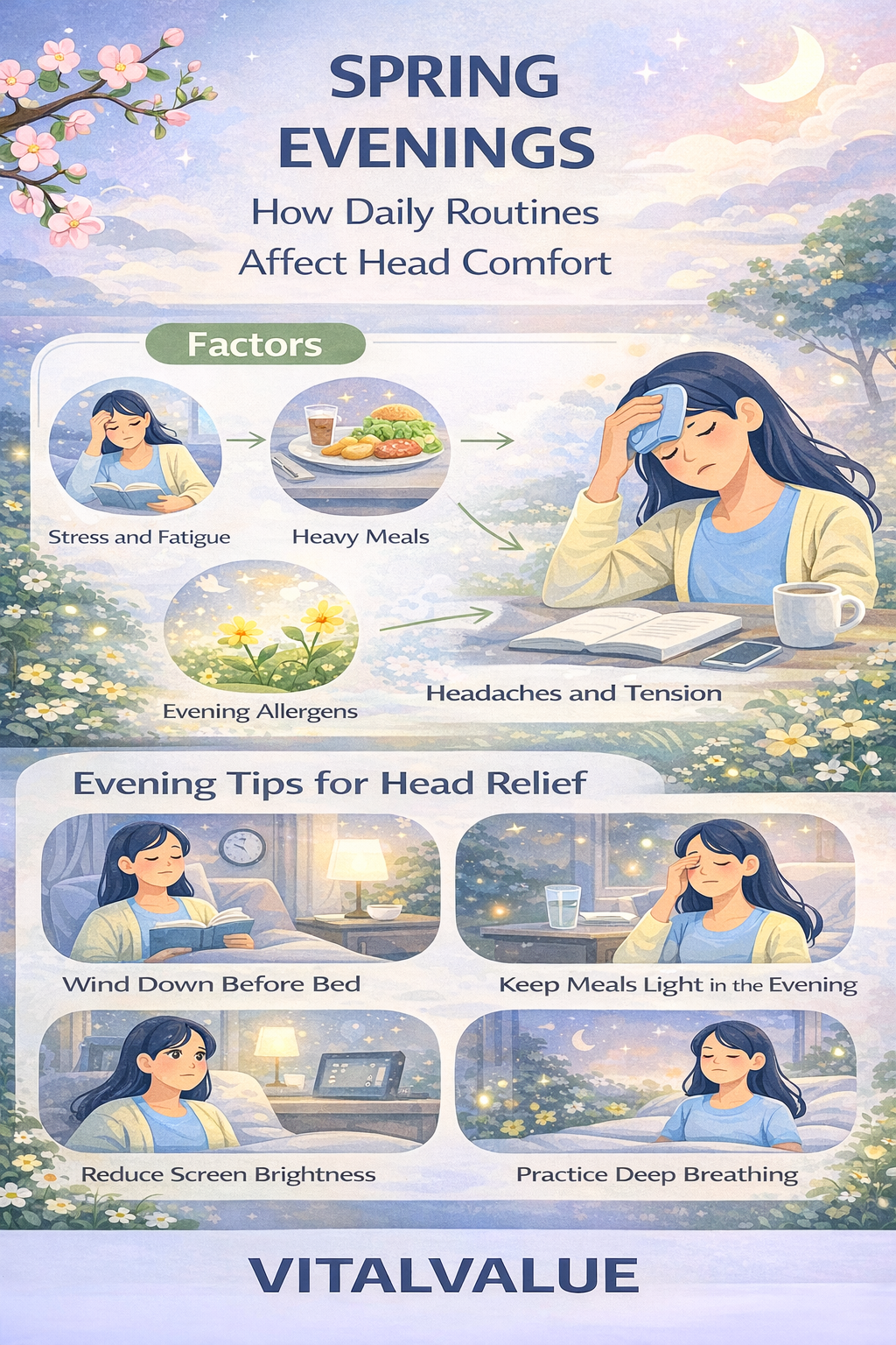 Flat vector infographic explaining how spring evening routines, stress, heavy meals, and allergens affect head comfort, with gentle tips such as winding down before bed, keeping meals light, reducing screen brightness, and practicing deep breathing, branded Vital Value.
