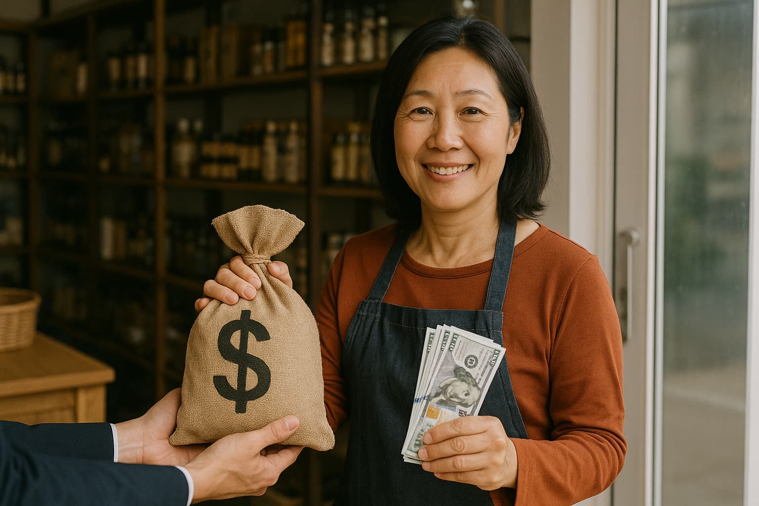 가게 내부에서 지원금을 받는 중년 여성 소상공인의 따뜻한 미소