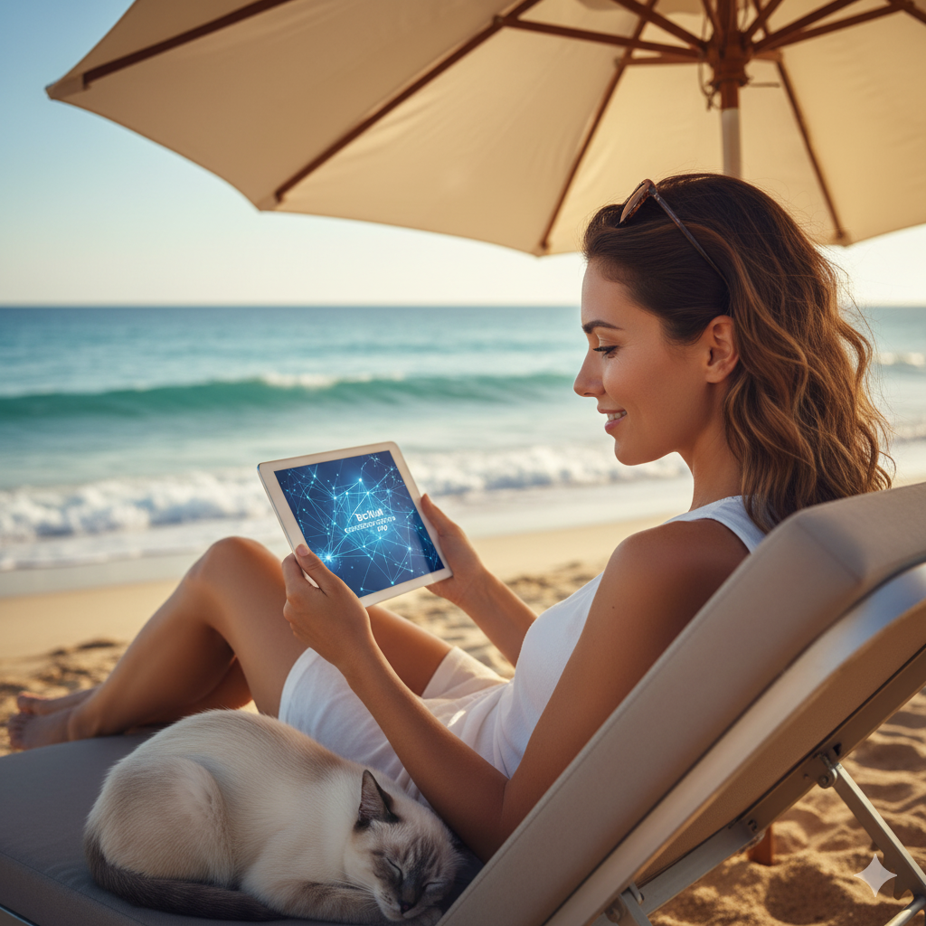 해변 파라솔 아래서 여성이 태블릿으로 '백링크 연결 지도'를 진지하게 보는 모습
