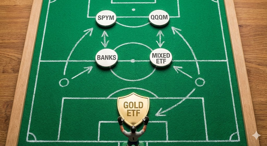 축구 경기장 포메이션 이미지. 최전방 공격수에 'SPYM/QQQM', 미드필더에 '금융주/혼합형 ETF', 최후방 골키퍼에 황금색 방패를 든 'GOLD ETF'가 배치된 전략도