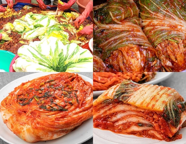 여러명이 함께 김장김치를 담그기 위해 배추속에 양념장을 바르고 있는 모습과 김장작업이 완료된 배추김치 사진 및 김치를 먹기 알맞게 썰어둔 사진