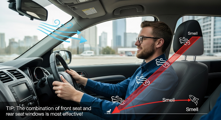 차량 앞뒤 창문을 살짝 열고 송풍 모드로 냄새를 배출하는 장면