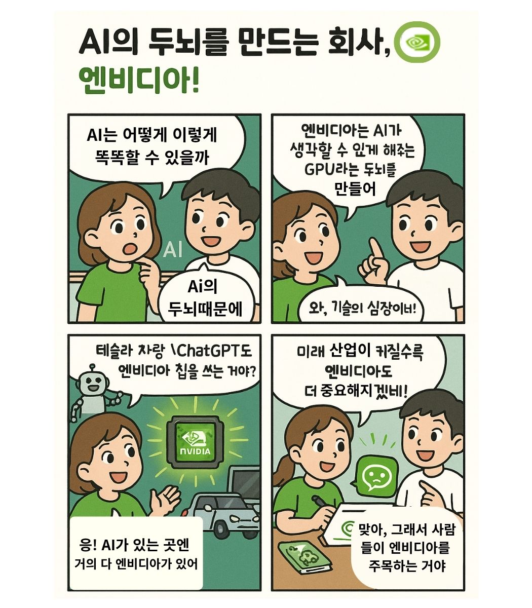 초등학생이 AI가 똑똑해지는 이유를 궁금해하며 친구에게 엔비디아가 GPU 두뇌를 만든다고 배우고, 자율주행과 챗봇 등 다양한 AI 기술이 엔비디아 칩으로 작동한다는 것을 이해하는 4컷 경제 교육 만화
