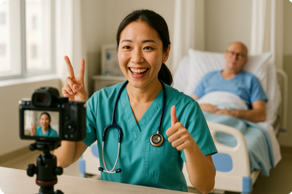 병실에서 환자와 함께 브이로그 찍는 간호사