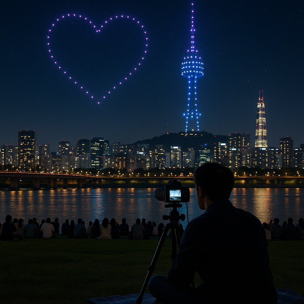 삼각대에 카메라를 고정해 촬영 중인 관람객