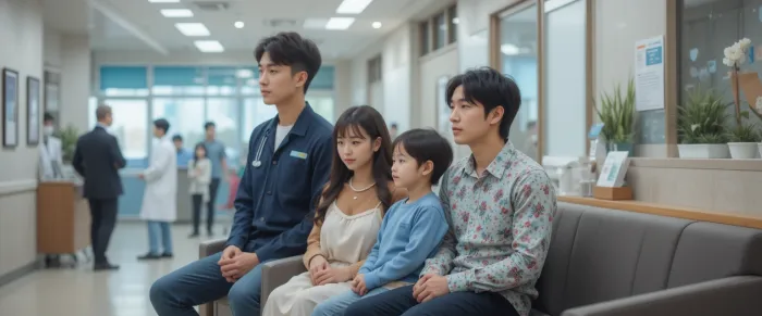 검진센터 대기실에 있는 가족