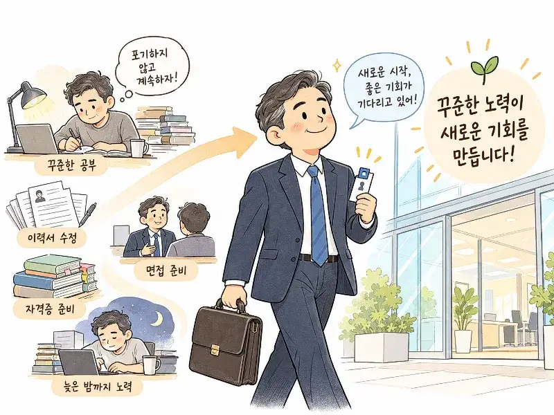 Pastel illustration of a middle-aged Korean man starting a new job after a successful career change, showing his journey of studying, resume preparation, and job interviews