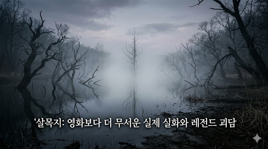 안개 자욱한 예산 살목저수지 배경에 '살목지: 영화보다 더 무서운 실제 실화와 레전드 괴담' 문구가 적힌 공포 분위기의 블로그 썸네일 이미지