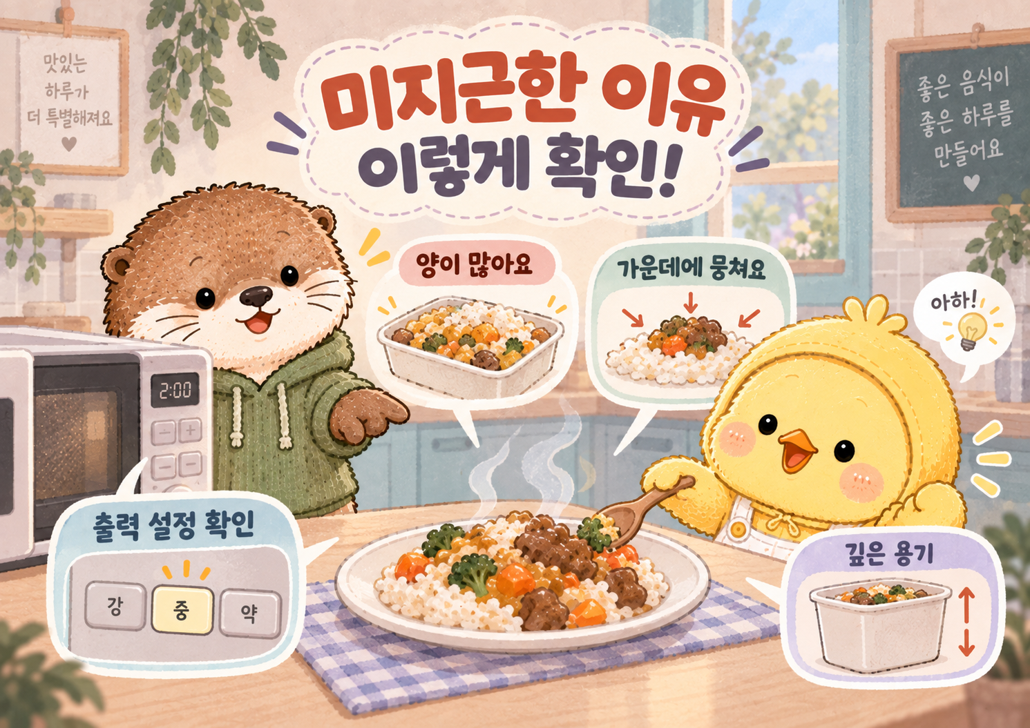 전자레인지 음식이 미지근할 때 음식 양과 배치 출력 설정 용기를 확인하는 방법을 정리한 이미지