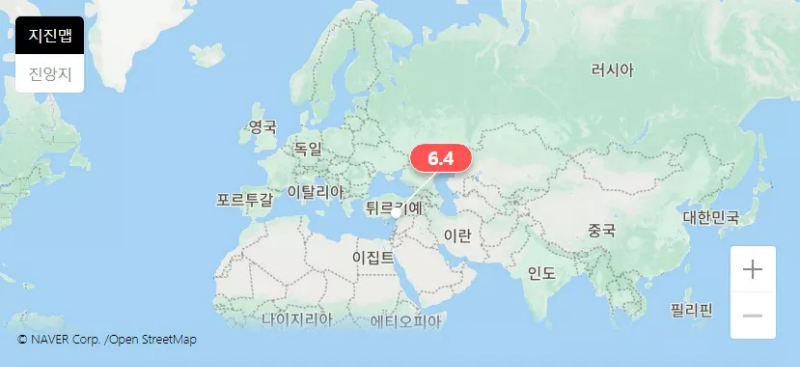 튀르키예 지진 발생을 보여주는 지진맵