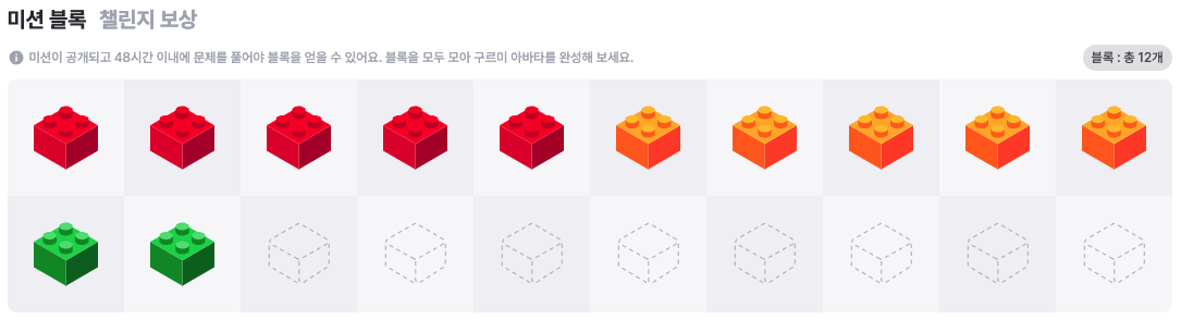 구름톤챌린지에서 12일차까지 받은 미션 블록의 모습이다.
