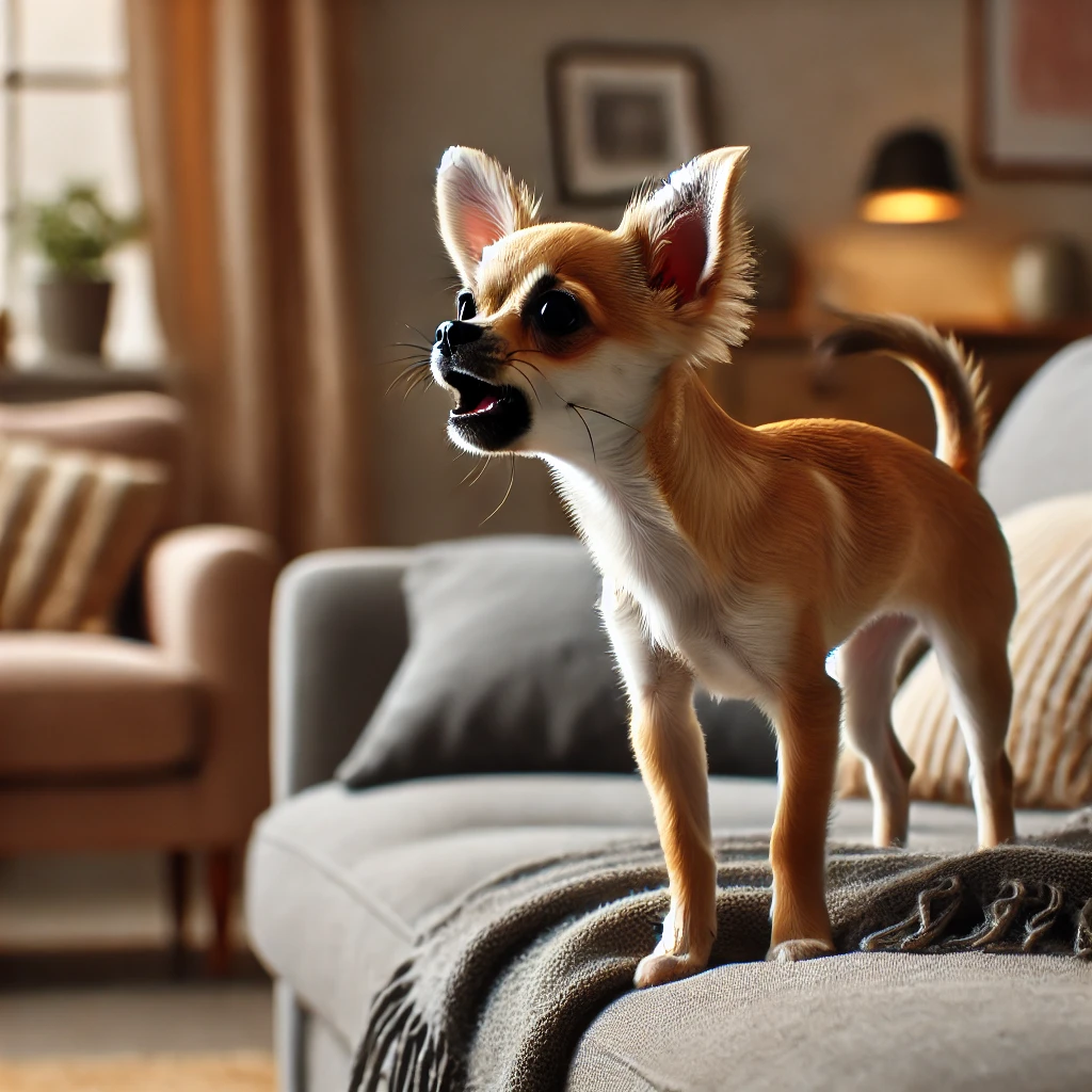 쇼파위에서 멍멍 짖고 있는 강아지