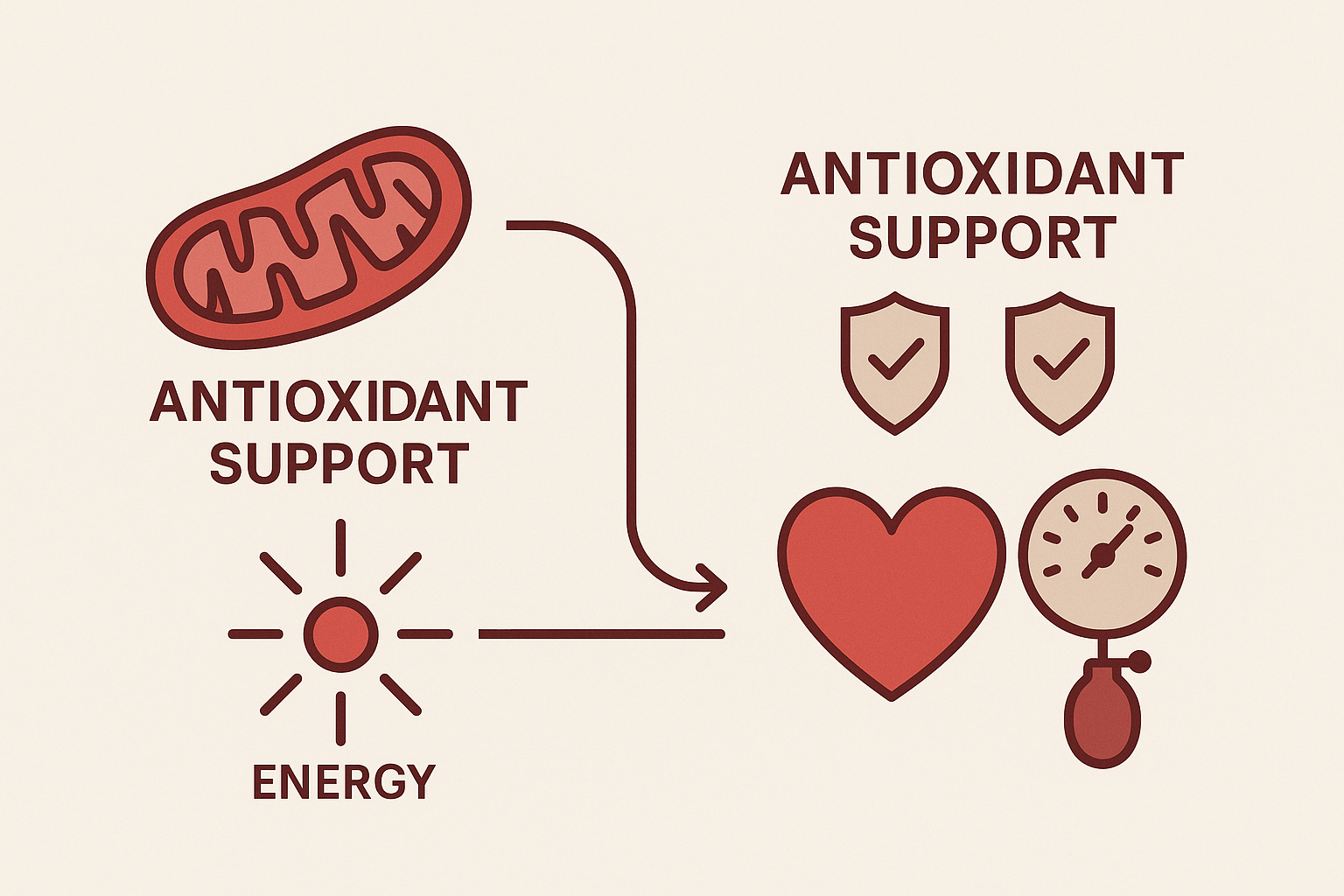 항산화 지원과 에너지 생성이 심혈관&middot;혈압 등 체내 순환 건강에 도움을 줄 수 있음을 아이콘으로 표현한 인포그래픽