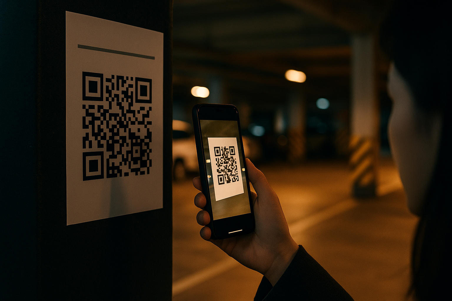 지하주차장에서 부착형 QR을 스캔하는 장면 — QR 보안 점검 강조