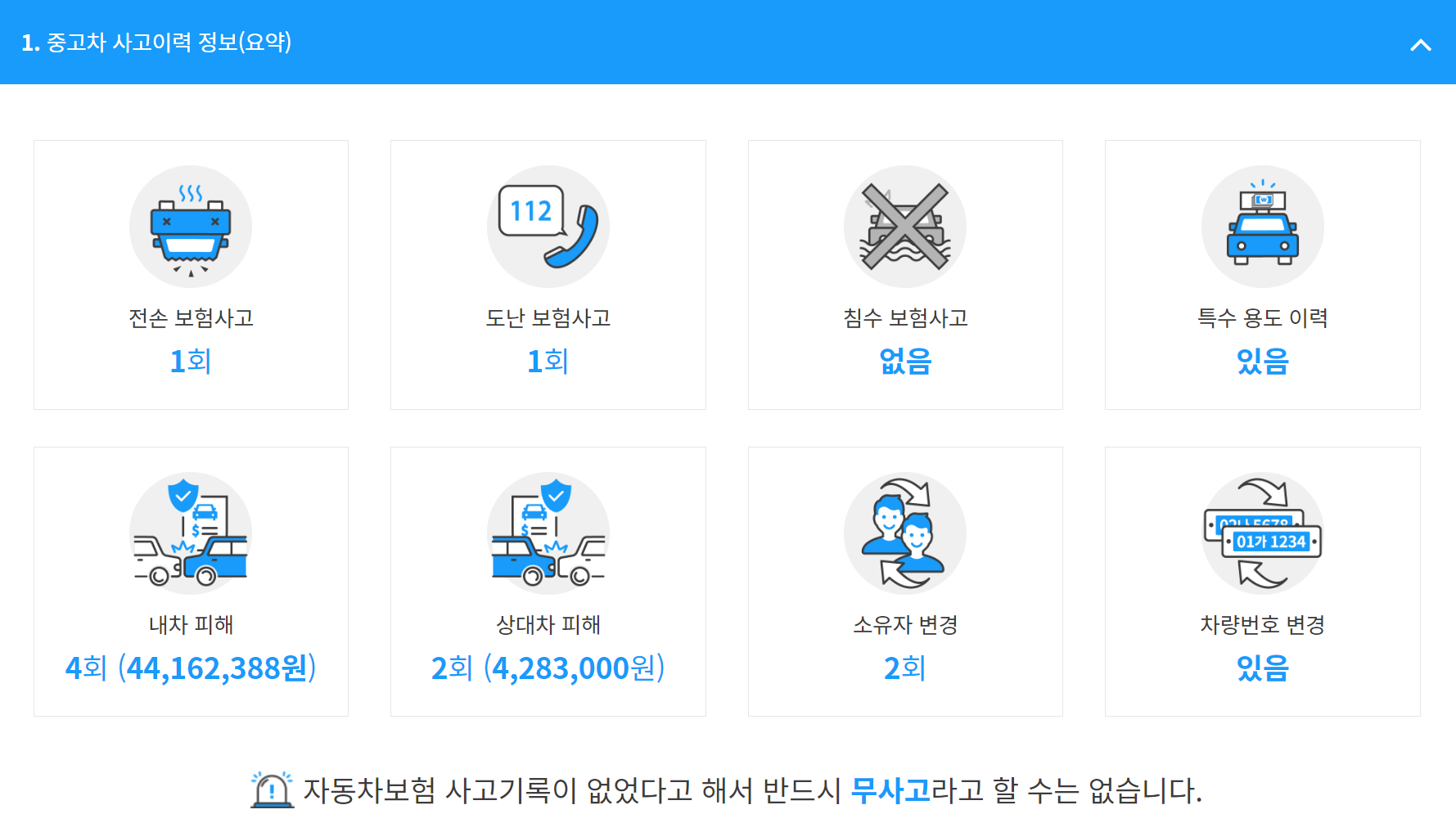 사고이력조회 샘플자료 사진입니다.