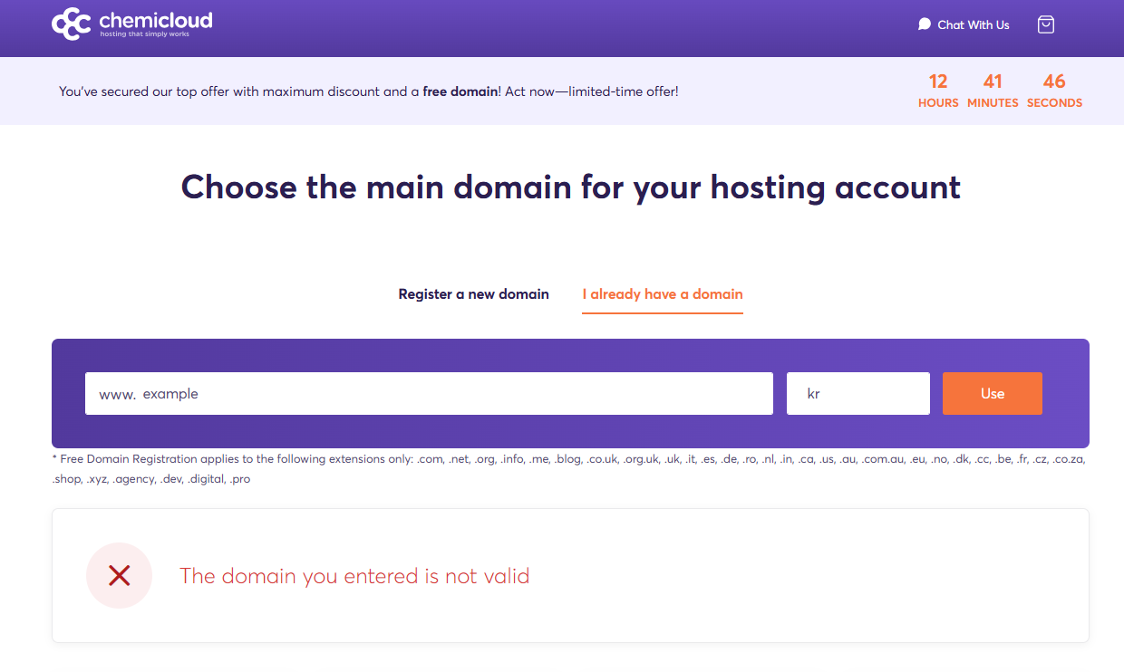 케미클라우드: 도메인 입력 시 "The domain you entered is not valid" 오류가 발생하는 경우