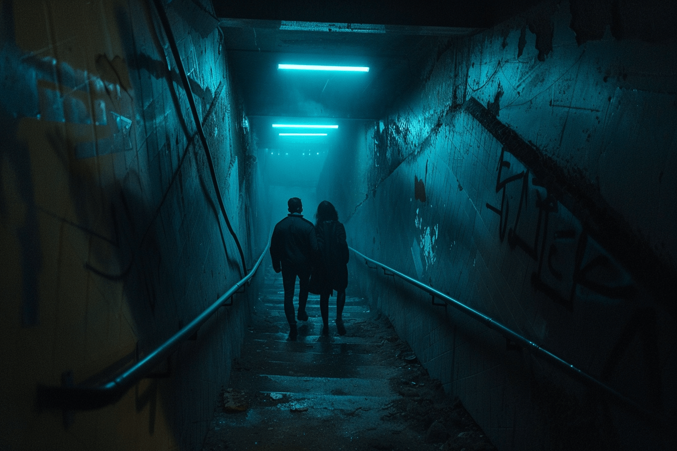 벽으로-둘러-쌓인-터널을-걷는-남성과-여성