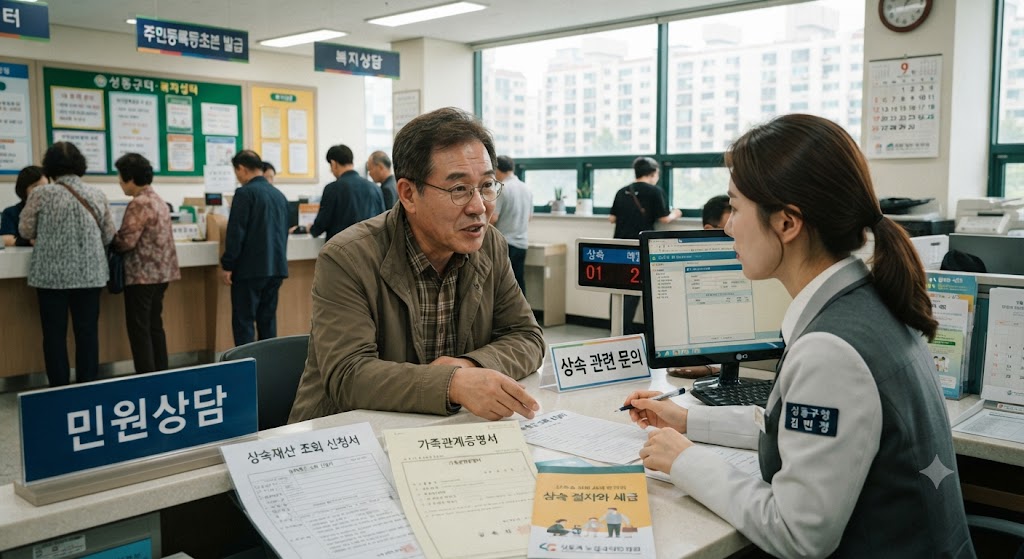 주민센터에서 상속 관련해서 문의하는 민원인의 모습