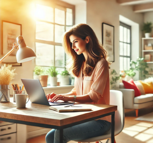 노트북으로 일하고 있는 여성의 모습