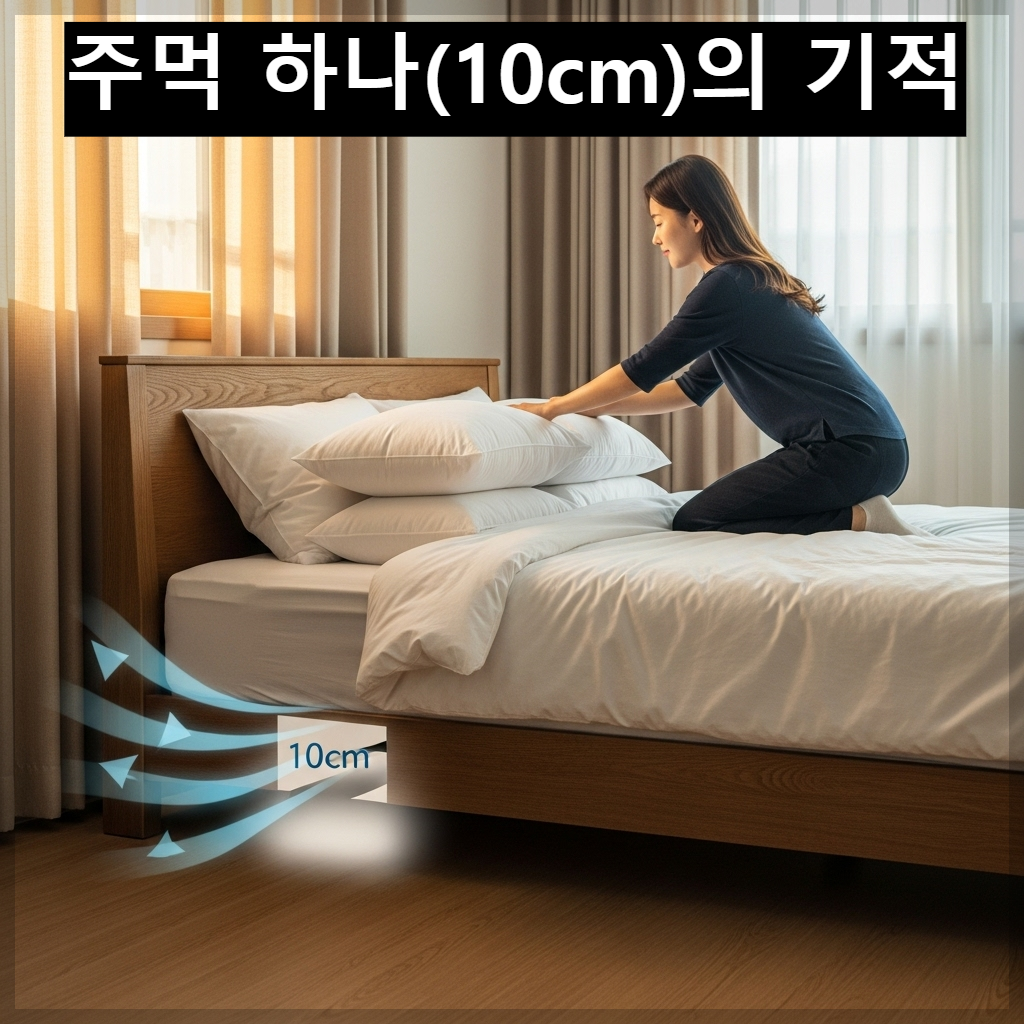 한국식 아파트 침실의 원목 침대가 벽에서 주먹 하나만큼 떨어져 배치되어 있고, 따뜻한 햇살이 비추는 아늑한 모습