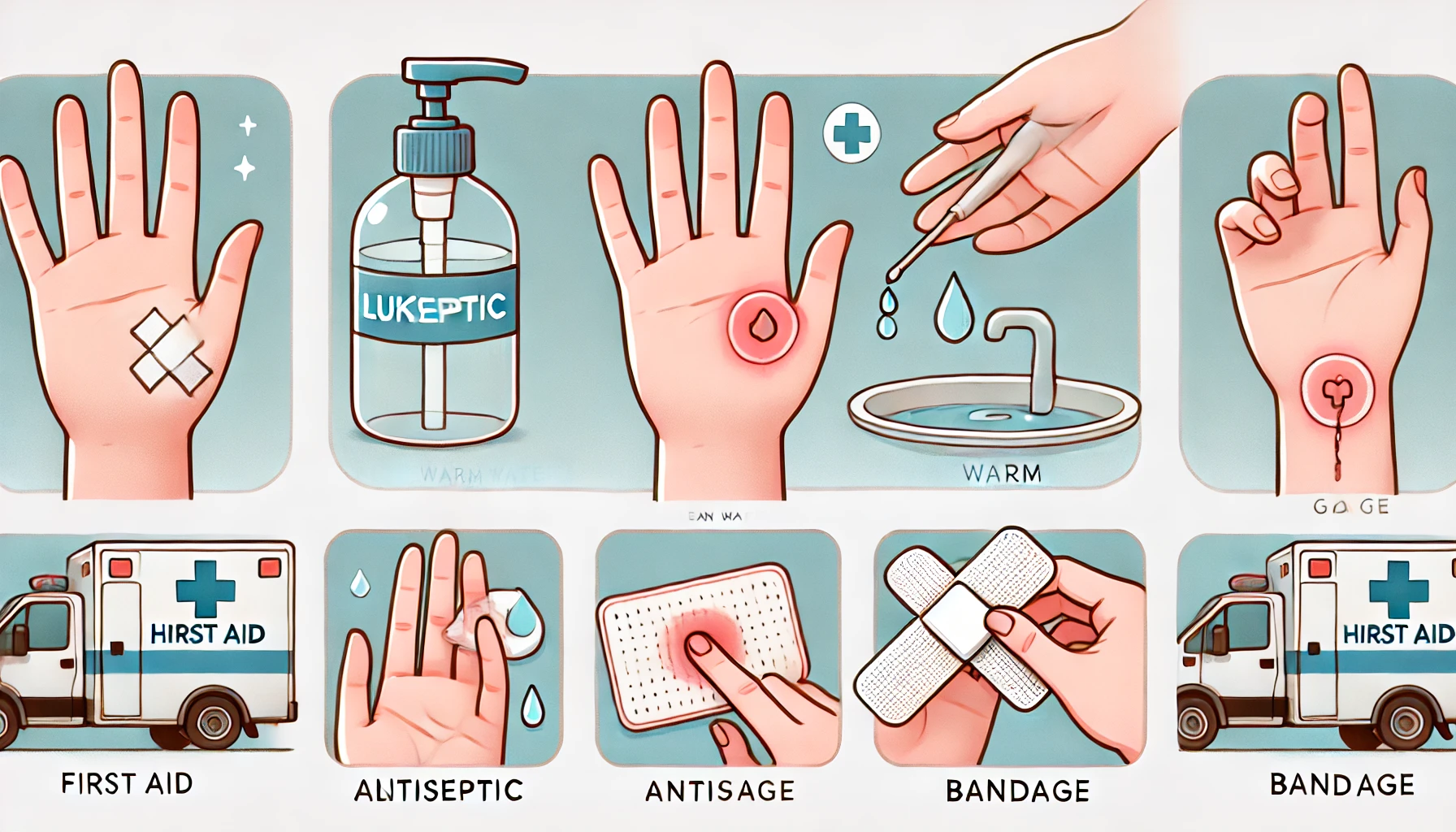 작은 손 베임 상처에 대한 응급처치 전 과정을 한 장면에 표현한 일러스트 &ndash; 지혈, 세척, 소독, 밴드 붙이기 포함