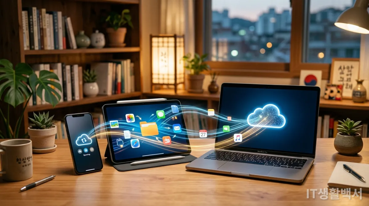 다양한 디지털 기기들이 클라우드 서비스로 연결되어 데이터를 주고받는 모습